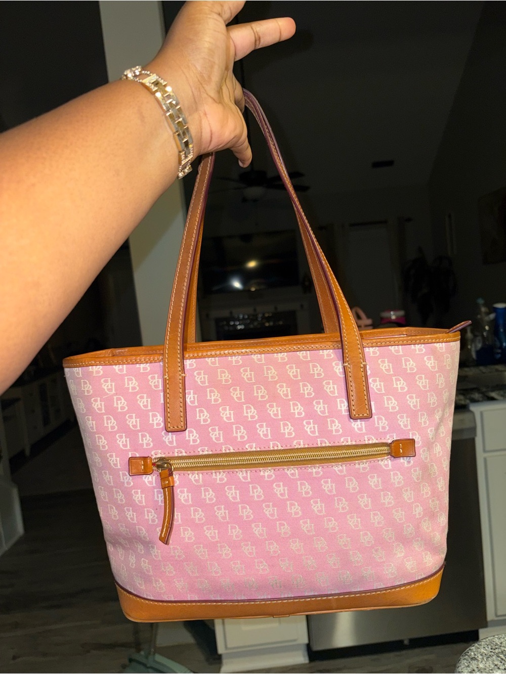Dooney & Bourke Pink Canvas Tote with Tan Leather Trim - Picture 3 of 11